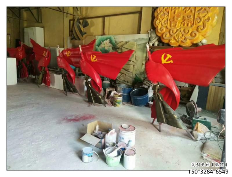 園林國旗雕塑，噴漆黨建雕塑，烤漆形式