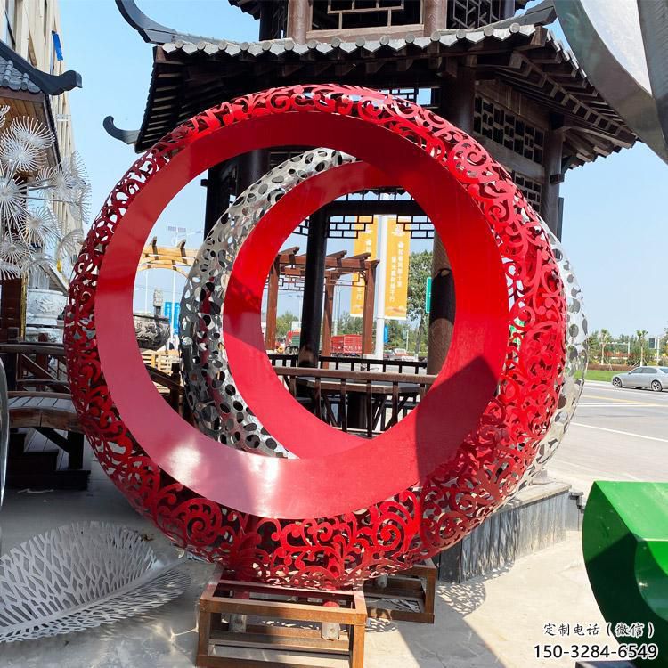 雙環雕塑生產，鏤空烤漆工藝，不銹鋼雙環雕塑制作