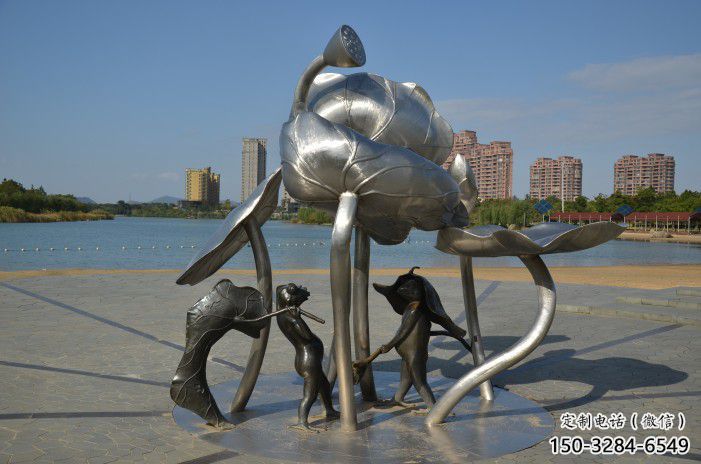 城關蓮蓬嬉戲雕塑，城市植物景觀雕塑，不銹鋼鏡面效果