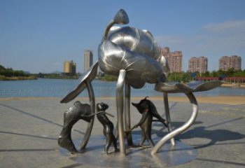 三明蓮蓬嬉戲雕塑，城市植物景觀雕塑，不銹鋼鏡面效果